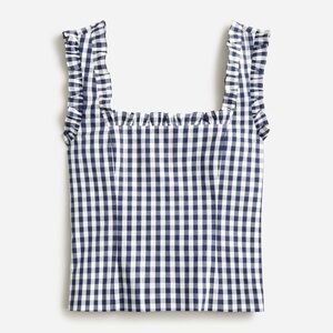 J. Crew Navy and White Gingham Ruffle Strap Tank Top